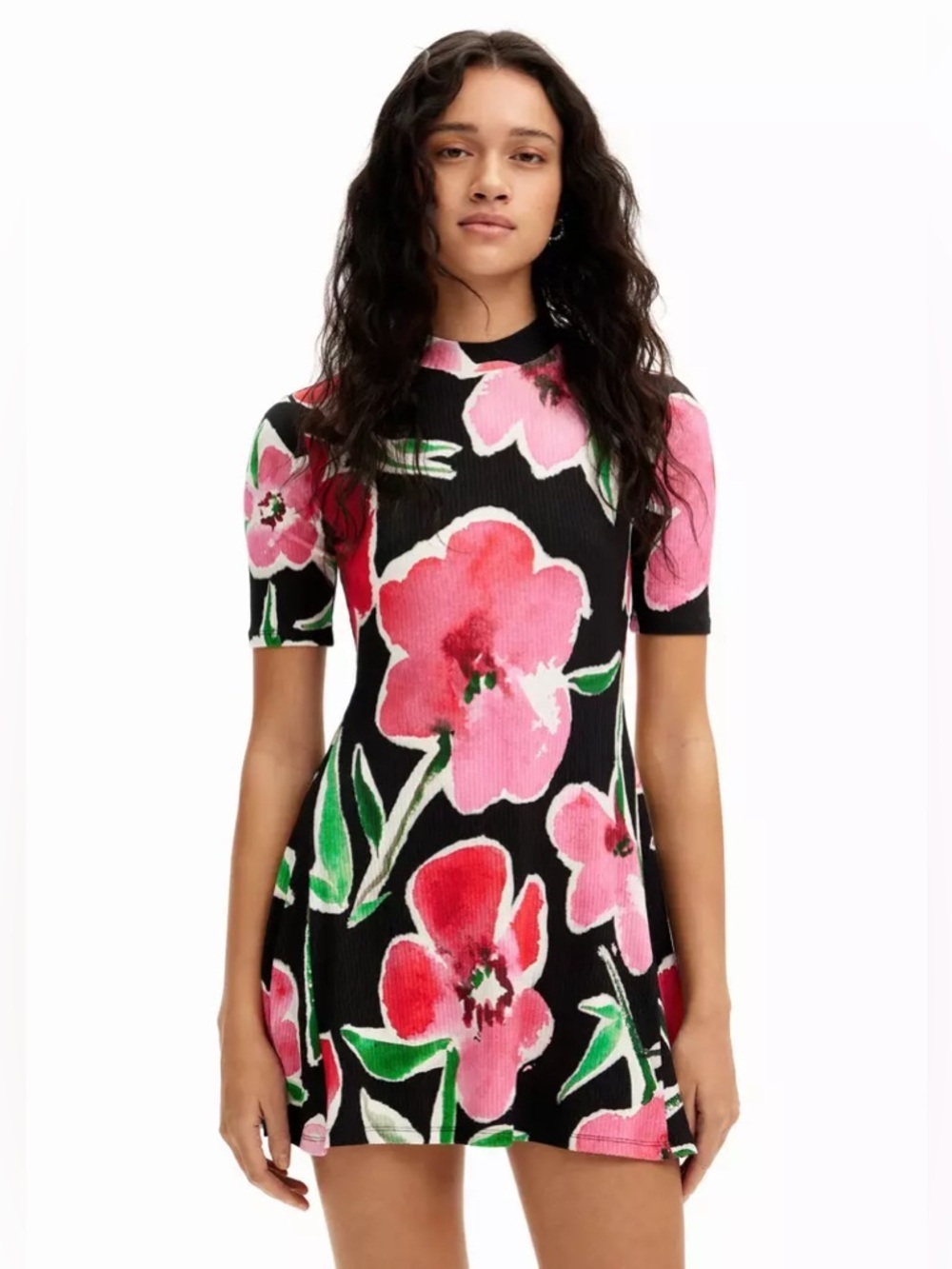 Desigual Floral Short Sleeve Mini Skater Dress Ribbed Knit